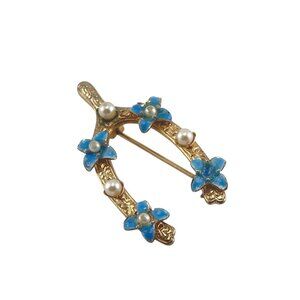 Vintage Gold Tone Horseshoe Brooch With Blue Enamel Flowers & Faux Pearls